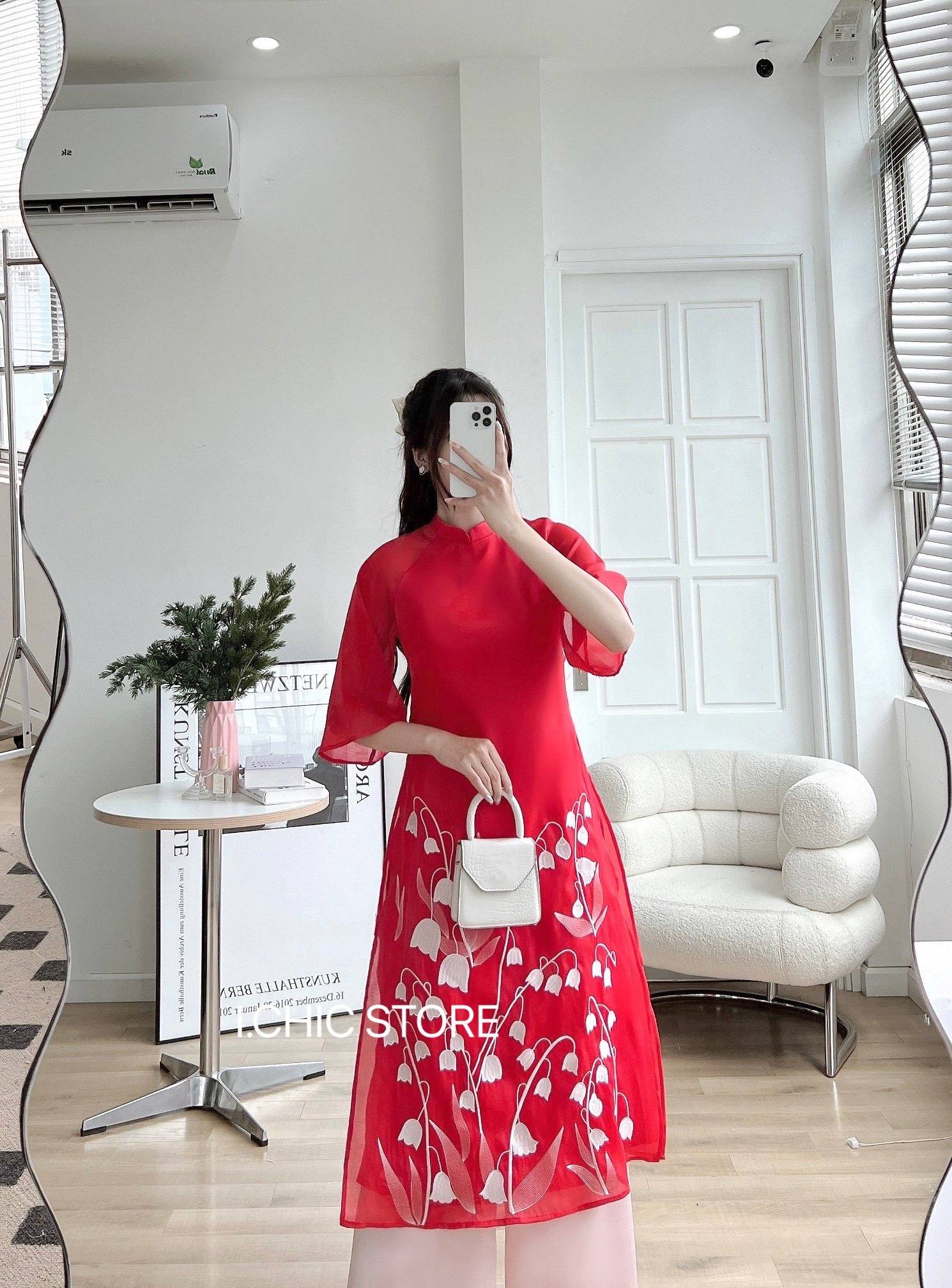 Áo Dài Thêu Linh Lan Đỏ