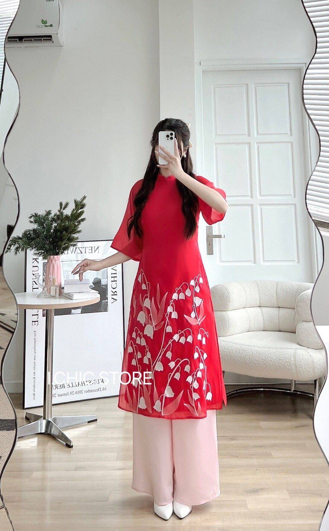 Áo Dài Thêu Linh Lan Đỏ