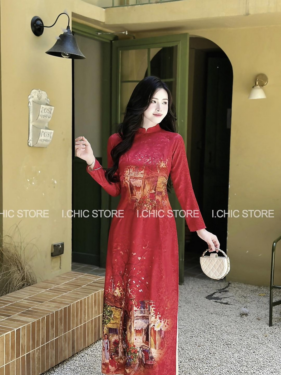 Áo Dài Truyền Thống Phố Hoa Đỏ